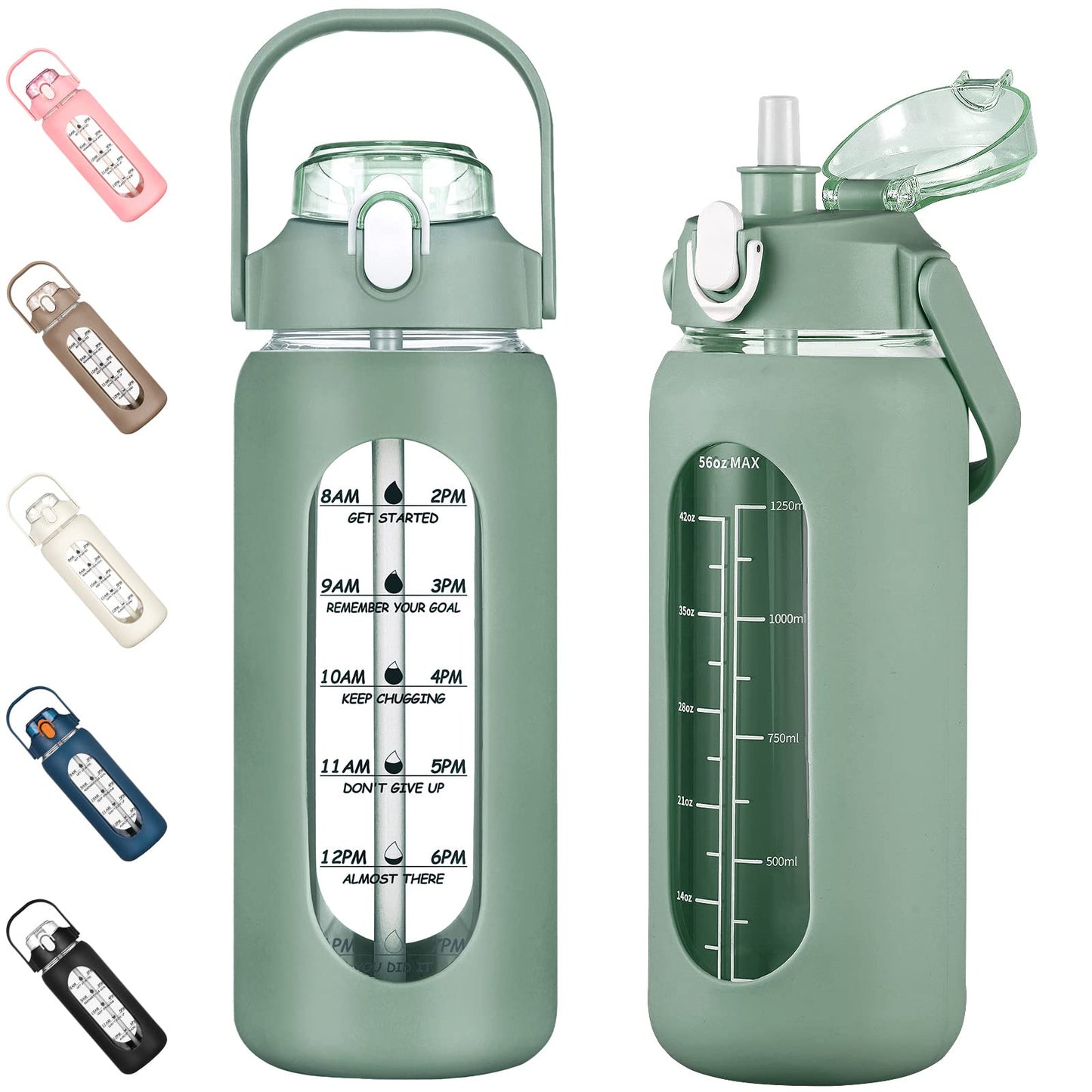 Kytffu 56oz Glass Water Bottle Straw Sleeve Time Marker