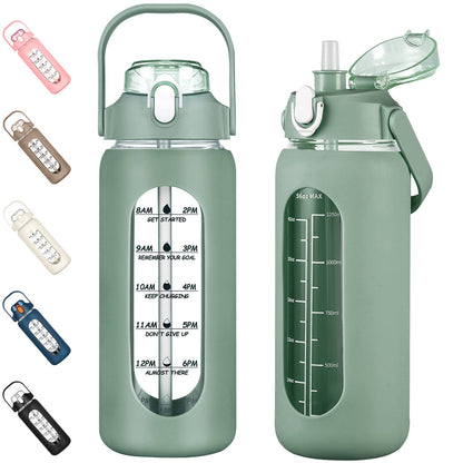 Kytffu 56oz Glass Water Bottle Straw Sleeve Time Marker