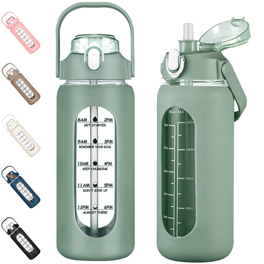 Kytffu 56oz Glass Water Bottle Straw Sleeve Time Marker